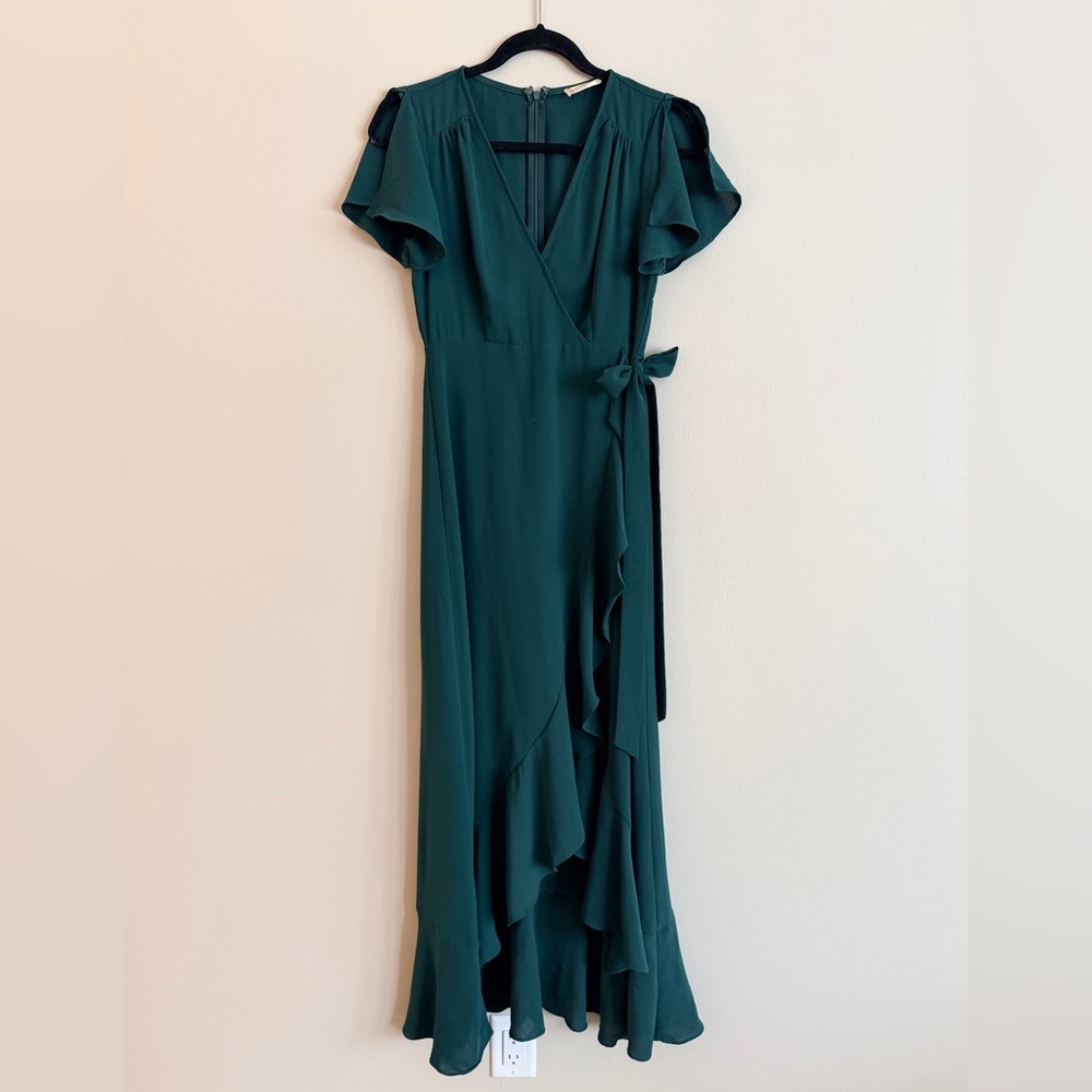 Altar'd State Forest Green Wrap Maxi Dress with Ruffle Details